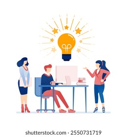 Vektorgrafik der modernen Flachbild-Designgrafik mit Teamarbeit, Zusammenarbeit und Brainstorming mit Profis in einer Büroumgebung, die Innovation, Führung, Kreativität zeigt