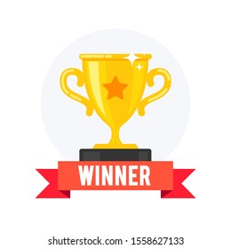Vetor Illustration Troféu Dourado Plano Moderno. Primeiro Prêmio Em Ouro Com Banner Vencedor.