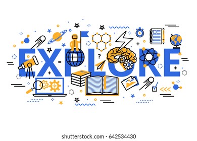 Vector illustration in modern flat line design. Explore concept web banner. Explore and Learning heading, title, web banner. 
