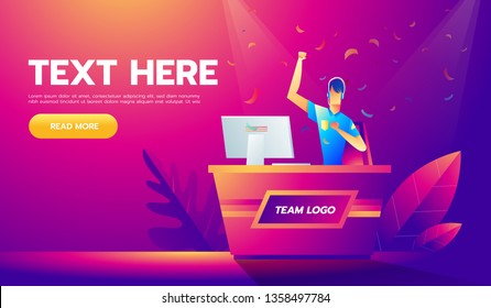 Vector illustration in modern flat linear style - cybersport tournament concept - man playing online game game in front of the computer screen.