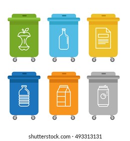 Vector illustration in modern flat linear style - recycle trash bins and cans - sorting and recycling different types of garbage - organic, glass, paper, plastic, metal