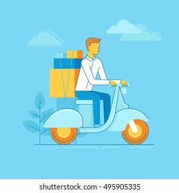 Vector illustration in modern flat linear style - man riding motorbike with boxes - delivery business concept 