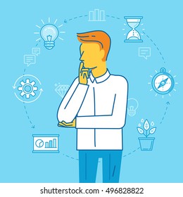 Vector illustration in modern flat linear style - man thinking about business planning and time management - productivity and personal growth concept