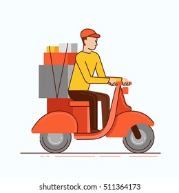 Vector illustration in modern flat linear style - man courier  riding motorbike with boxes - delivery business concept 
