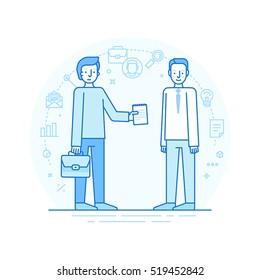 Vector illustration in modern flat linear style and infographic design elements - human resources concept -searching professional staff - agreement and contract for new employee