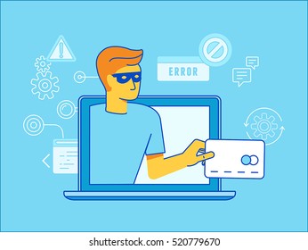 Vector Illustration In Modern Flat Linear Style - Hacker Stealing Credit Card Data - Email Viruses, Bank Account Hacking And Fraud Concept 