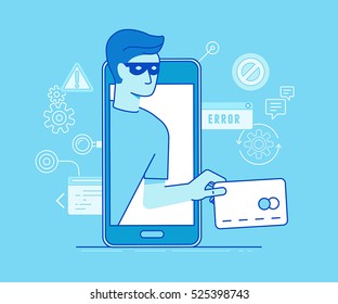 Vector Illustration In Modern Flat Linear Style - Hacker Stealing Credit Card Data In The Process Of Mobile Payment - Email Viruses, Bank Account Hacking And Fraud Concept 