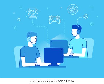 Vector illustration in modern flat linear style - cybersport tournament concept - men playing online game game in front of the computer screens - players livestreaming their video game play 