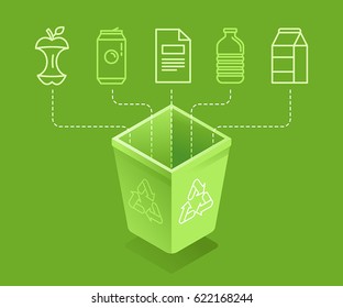 Vector illustration in modern flat linear isometric style - recycle trash bin - sorting and recycling different types of garbage - organic, glass, paper, plastic, metal - infographic design elements