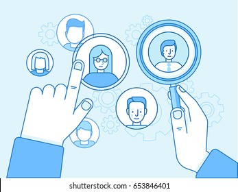 Vector illustration in modern flat linear style and blue colors - remote and outsource team control and human resources management concept - hand pointing at employee avatars