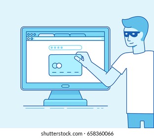 Vector illustration in modern flat linear style - hacker stealing credit card data in the process of online payment - email viruses, bank account hacking and fraud concept 