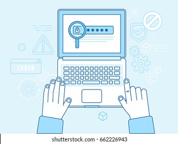 Vector illustration in modern flat linear style and blue colors - hacker stealing password data - email viruses, bank account hacking and fraud concept