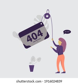 vector illustration. modern flat people character. Modern 404 page not found concept. The page you requested could not be found. woman was pulleying the page which was an error. landing page.