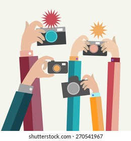 Vector  illustration, Modern flat photographers hands with devices take photo 