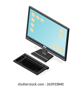 A vector illustration of a modern flat screen computer with keyboard.
Isometric computer Icon.
PC with files on screen.