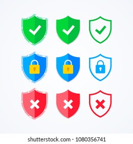Vector illustration modern flat shield protection icon set. With lock, check mark and error