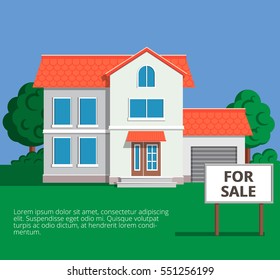 Vector illustration in modern flat stile House for sale. 