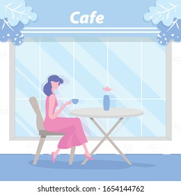 Ilustración vectorial en estilo plano moderno. Hermosa joven en la Copa de Café o Té vestida de rosa. Personajes femeninos sentados en la mesa al aire libre cerca del Café. Tiempo de gasto cómodo.