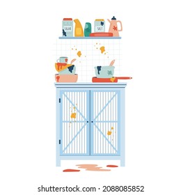 Vector Illustration In A Modern Flat Style Of A Dirty, Messy Kitchen, Cupboard And Utensils.