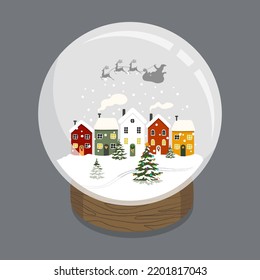 Vector illustration in modern flat style glass snow globe with winter scenery, houses and Santa Claus. Isolated in the background. Christmas card.