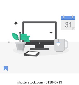 Ilustração vetorial de um estilo plano moderno. Espaço de trabalho, escritório privado, trabalho no projeto.