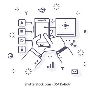 Ilustración vectorial en estilo plano moderno. Aplicación en el smartphone, el toque de la mano a la pantalla, selección y configuración de aplicaciones.