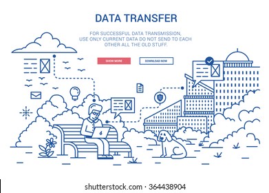 Vector illustration in modern flat style. Data transfer on distance, Internet traffic, online communication, cloud computing, wireless network.