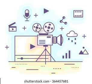 Vector illustration in modern flat style. Audio and video content, film making, professional camera, editing and sound mixing, production process