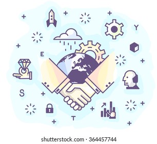 Vector illustration in modern flat style.The conclusion of the agreement, securing the deal with a handshake.