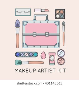 Vector illustration in modern flat style - makeup artist case with tools around - brushes, palettes, sponge, powder, tube, lashes. Design concept for banner, flyer, decoration, cover, magazine.