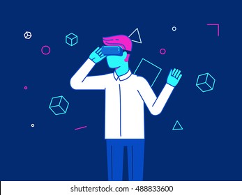 Vector illustration in modern flat style - guy wearing VR headset - virtual reality glasses concept 