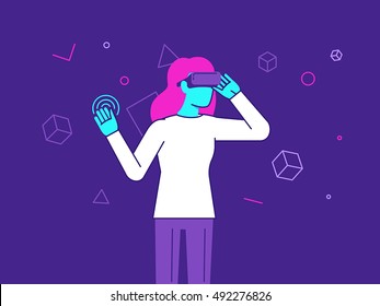 Vector illustration in modern flat style - girl wearing VR headset - virtual reality glasses concept 