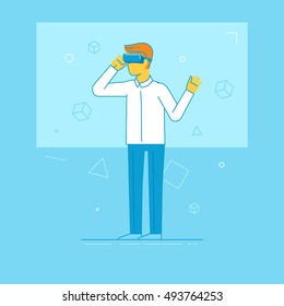 Ilustración de vectores en estilo plano moderno - tipo con auriculares VR - concepto de gafas de realidad virtual 