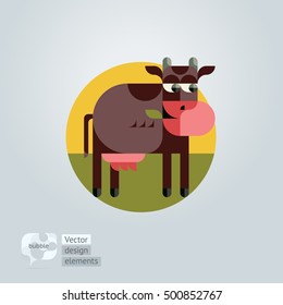 Vector illustration of a modern flat style cow chews grass with bubble for speech on a gray background.
