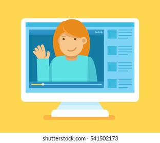 Vector illustration in modern flat style - video blogger concept - computer screen with video player  - female vlogger broadcasting on his personal channel