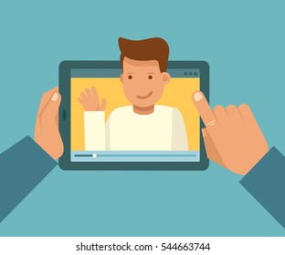 Vector illustration in modern flat style - video blogger concept - hands holding tablet pc with video player on the screen - male vlogger broadcasting on his personal channel