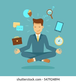 Vector illustration in modern flat style - businessman meditating - time management, stress relief and problem solving concepts - man thinking about business in lotus pose