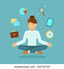 Vector Illustration In Modern Flat Style - Business Woman Meditating - Time Management, Stress Relief And Problem Solving Concepts - Man Thinking About Business In Lotus Pose