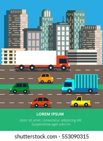 Vector illustration in modern flat style with traffic jam in a big city. Skyscrapers on a background with a roads and a lot of cars and trucks. For web banners and info graphic.