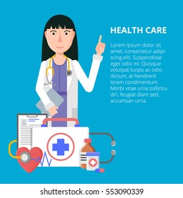 Vector illustration in a modern flat style, health care concept. A doctor in uniform with stethoscope and first aid kit. On line consultation   