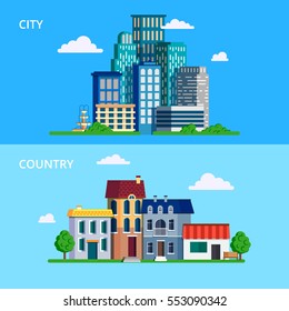Vector illustration in modern flat style. Big city with skyscrapers and small town or country.