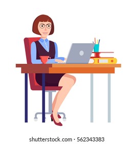 Vector illustration in modern flat style. Office worker friendly smiling behind desk. A pretty woman with glasses sitting on a chair with wheels and works with a laptop.