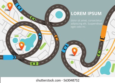 Vector illustration in modern flat style. Winding roads with a lot of cars and tracks. Top view map with location pins, can used for web banners and info graphic. 