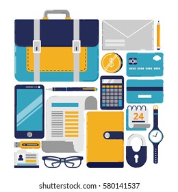 Vector illustration in modern flat style, business concept. Business things set on white background, can used for web banners and info graphics.