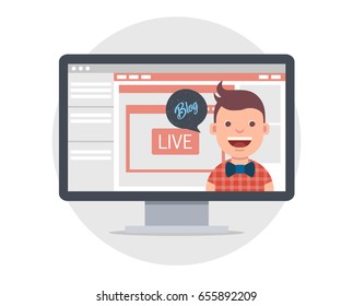 Vector illustration in modern flat style - video blogger concept - computer screen with video player - male vlogger broadcasting on his personal channel