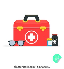 Vector illustration in a modern flat style, health care concept. Medical bag and medical icons. Flat vector illustration