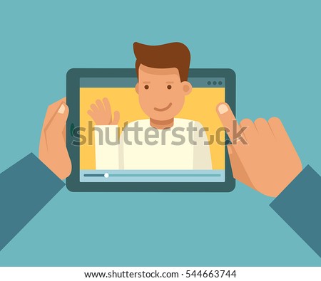 Vector illustration in modern flat style - video blogger concept - hands holding tablet pc with video player on the screen - male vlogger broadcasting on his personal channel