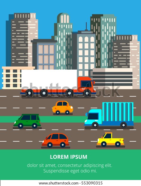 Vector\
illustration in modern flat style with traffic jam in a big city.\
Skyscrapers on a background with a roads and a lot of cars and\
trucks. For web banners and info\
graphic.