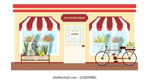 Vector illustration of a modern flower shop. Cartoon urban buildings with different flowers and flowerpots, beautiful signboard, bicycle.