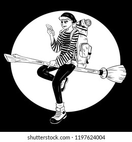 Vector illustration of a modern flying backpacker witch